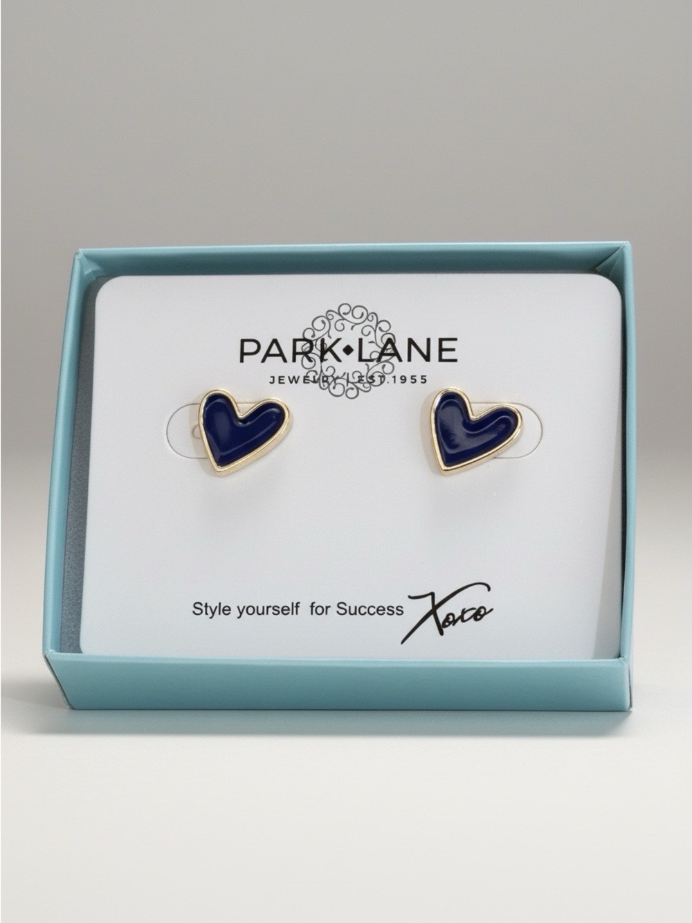 Park Lane "Billie" Gold-Trim Navy Heart Stud Earrings - NIB
